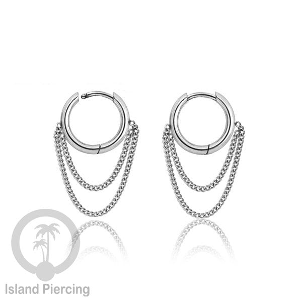 Anting hoop baja dengan rantai, tersedia dalam warna baja atau gold.