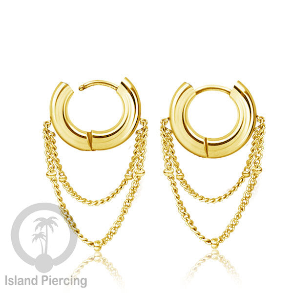 Anting hoop baja dengan rantai, tersedia dalam warna baja atau gold.