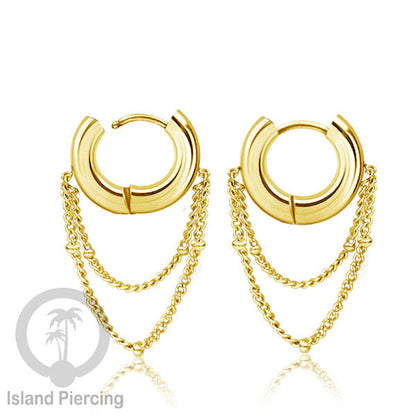 Anting hoop baja dengan rantai, tersedia dalam warna baja atau gold.