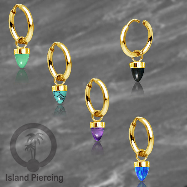 Anting Hoop warna gold dengan Hiasan Perhiasan kecil, Charm, batu atau kaca bentuk peluru sangat popular