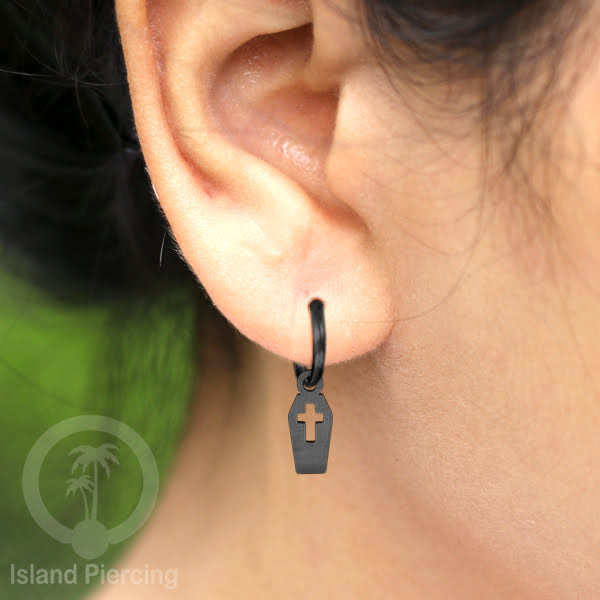 Stainless Steel Anting Hoop Ear Huggies Halloween warna hitam dengan Liontin, Charm, Tengkorak, Sihir, Laba-2