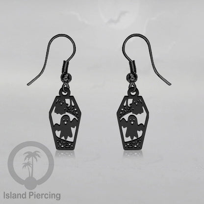 Stainless Steel Anting Dangling Hook Earring Halloween warna hitam model Tengkorak, Hantu, Sihir, Peti