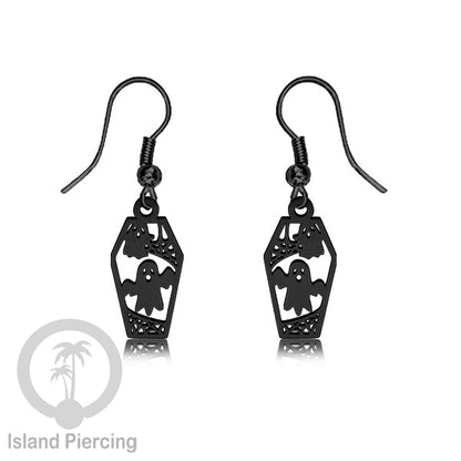 Stainless Steel Anting Dangling Hook Earring Halloween warna hitam model Tengkorak, Hantu, Sihir, Peti
