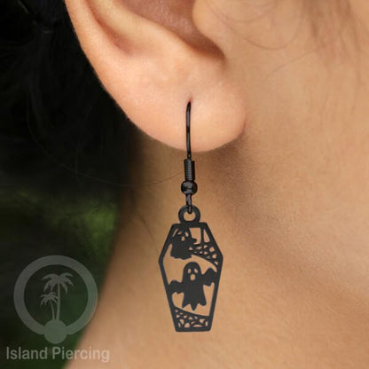 Stainless Steel Anting Dangling Hook Earring Halloween warna hitam model Tengkorak, Hantu, Sihir, Peti
