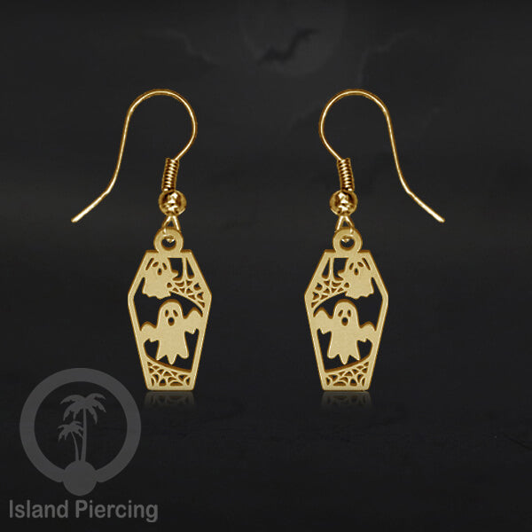 Stainless Steel Anting Dangling Hook Earring Halloween warna gold model Tengkorak, Hantu, Sihir, Peti
