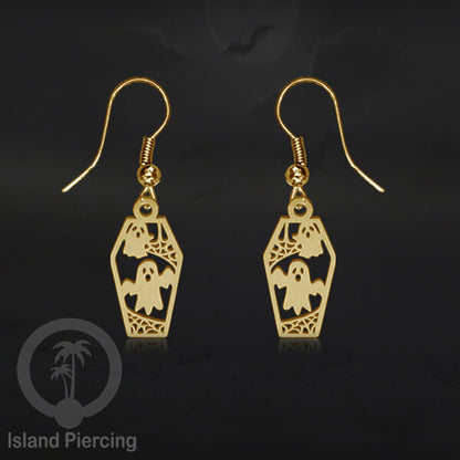 Stainless Steel Anting Dangling Hook Earring Halloween warna gold model Tengkorak, Hantu, Sihir, Peti