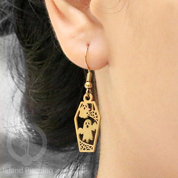 Stainless Steel Anting Dangling Hook Earring Halloween warna gold model Tengkorak, Hantu, Sihir, Peti