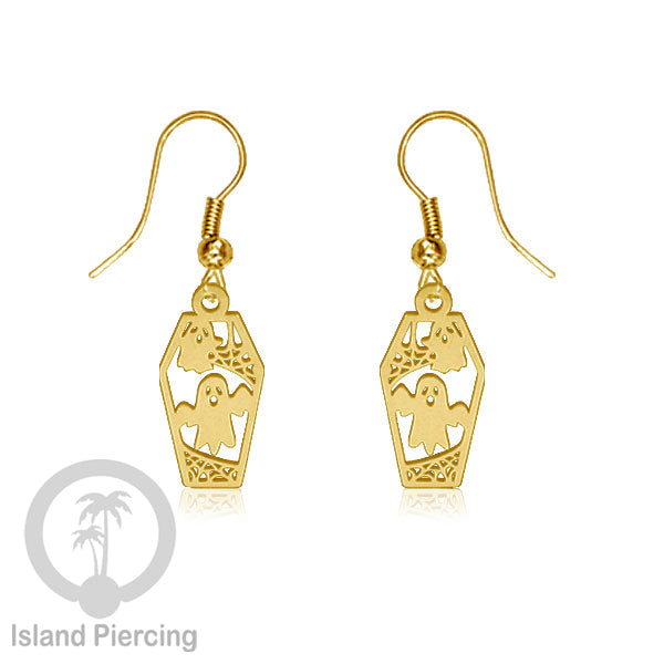 Stainless Steel Anting Dangling Hook Earring Halloween warna gold model Tengkorak, Hantu, Sihir, Peti