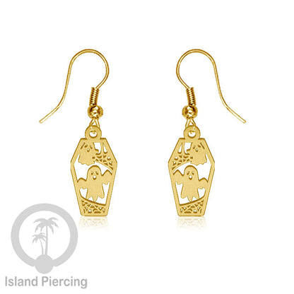 Stainless Steel Anting Dangling Hook Earring Halloween warna gold model Tengkorak, Hantu, Sihir, Peti
