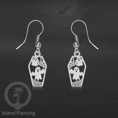 Stainless Steel Anting Dangling Hook Earring Halloween warna silver model Tengkorak, Hantu, Sihir, Peti