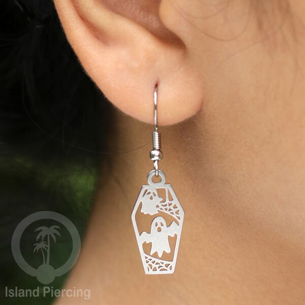 Stainless Steel Anting Dangling Hook Earring Halloween warna silver model Tengkorak, Hantu, Sihir, Peti