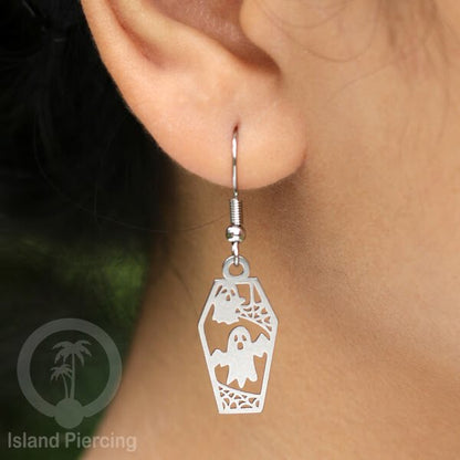 Stainless Steel Anting Dangling Hook Earring Halloween warna silver model Tengkorak, Hantu, Sihir, Peti