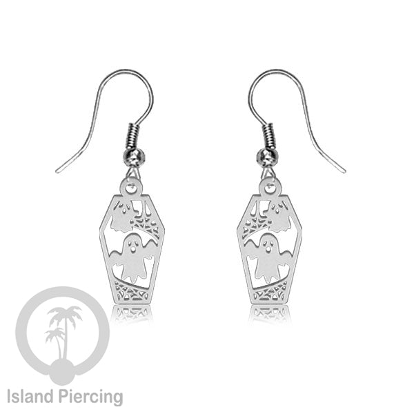 Stainless Steel Anting Dangling Hook Earring Halloween warna silver model Tengkorak, Hantu, Sihir, Peti