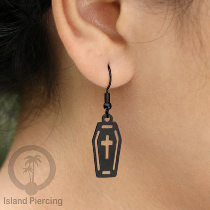 Stainless Steel Anting Dangling Hook Earring Halloween warna hitam model Tengkorak, Hantu, Sihir, Peti