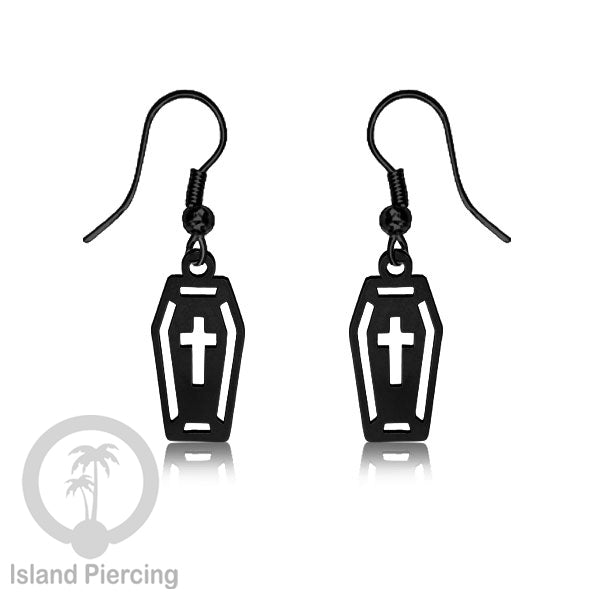 Stainless Steel Anting Dangling Hook Earring Halloween warna hitam model Tengkorak, Hantu, Sihir, Peti