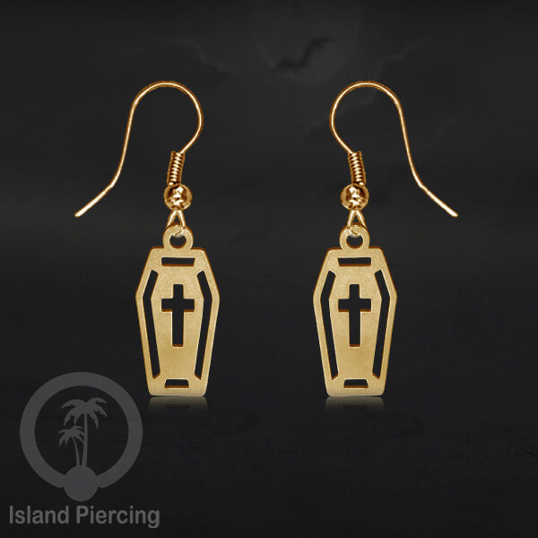Stainless Steel Anting Dangling Hook Earring Halloween warna gold model Tengkorak, Hantu, Sihir, Peti