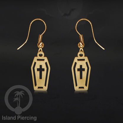 Stainless Steel Anting Dangling Hook Earring Halloween warna gold model Tengkorak, Hantu, Sihir, Peti