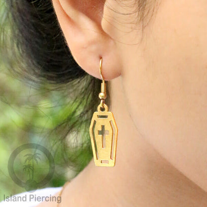 Stainless Steel Anting Dangling Hook Earring Halloween warna gold model Tengkorak, Hantu, Sihir, Peti