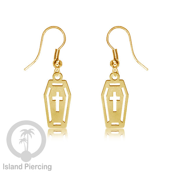 Stainless Steel Anting Dangling Hook Earring Halloween warna gold model Tengkorak, Hantu, Sihir, Peti