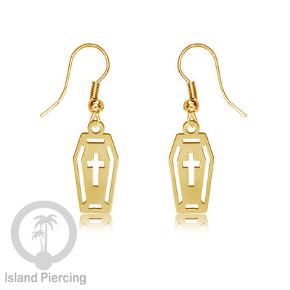 Stainless Steel Anting Dangling Hook Earring Halloween warna gold model Tengkorak, Hantu, Sihir, Peti