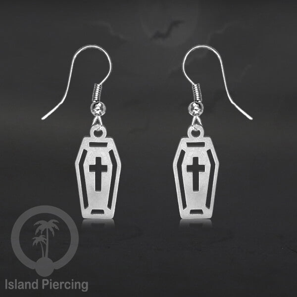 Stainless Steel Anting Dangling Hook Earring Halloween warna silver model Tengkorak, Hantu, Sihir, Peti