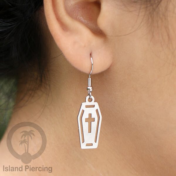 Stainless Steel Anting Dangling Hook Earring Halloween warna silver model Tengkorak, Hantu, Sihir, Peti