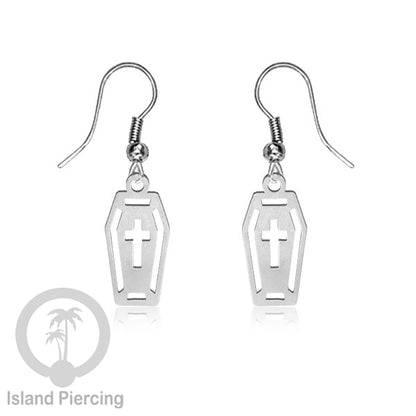 Stainless Steel Anting Dangling Hook Earring Halloween warna silver model Tengkorak, Hantu, Sihir, Peti