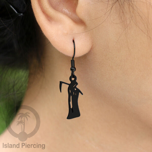 Stainless Steel Anting Dangling Hook Earring Halloween warna hitam model Tengkorak, Hantu, Sihir, Peti