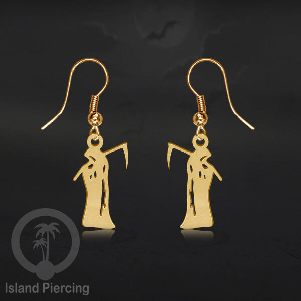 Stainless Steel Anting Dangling Hook Earring Halloween warna gold model Tengkorak, Hantu, Sihir, Peti