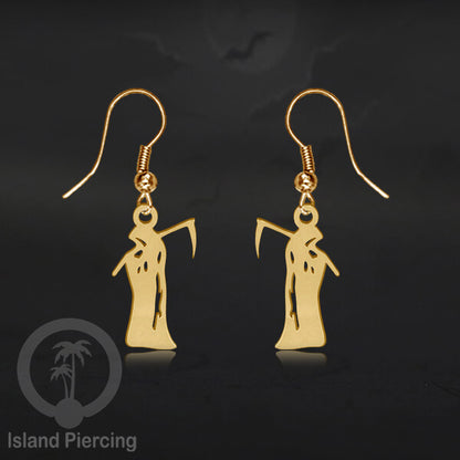 Stainless Steel Anting Dangling Hook Earring Halloween warna gold model Tengkorak, Hantu, Sihir, Peti