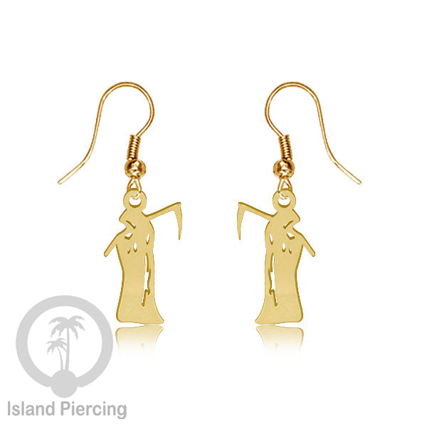 Stainless Steel Anting Dangling Hook Earring Halloween warna gold model Tengkorak, Hantu, Sihir, Peti