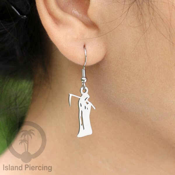 Stainless Steel Anting Dangling Hook Earring Halloween warna silver model Tengkorak, Hantu, Sihir, Peti
