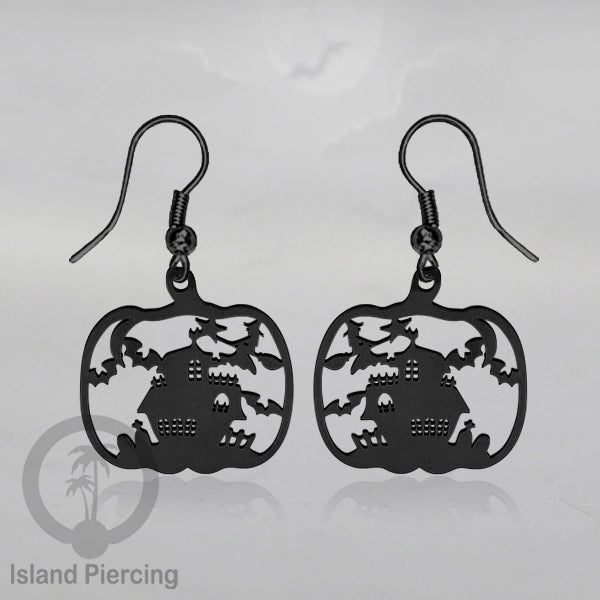 Stainless Steel Anting Dangling Hook Earring Halloween warna hitam model Tengkorak, Hantu, Sihir, Peti