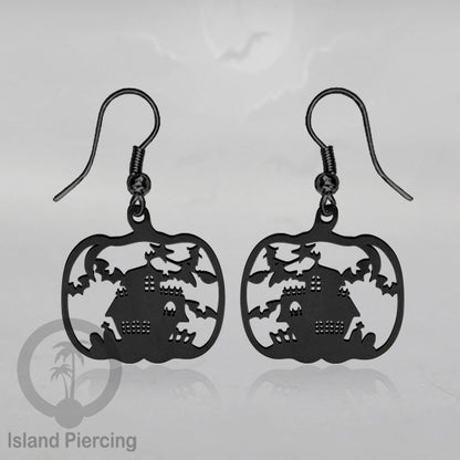 Stainless Steel Anting Dangling Hook Earring Halloween warna hitam model Tengkorak, Hantu, Sihir, Peti