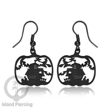 Stainless Steel Anting Dangling Hook Earring Halloween warna hitam model Tengkorak, Hantu, Sihir, Peti