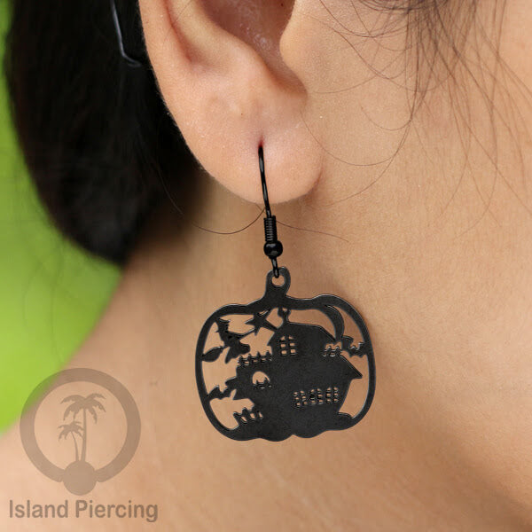 Stainless Steel Anting Dangling Hook Earring Halloween warna hitam model Tengkorak, Hantu, Sihir, Peti