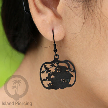 Stainless Steel Anting Dangling Hook Earring Halloween warna hitam model Tengkorak, Hantu, Sihir, Peti