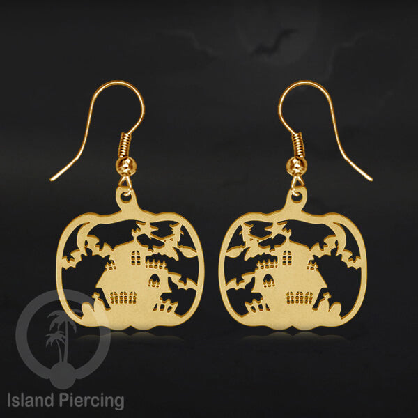 Stainless Steel Anting Dangling Hook Earring Halloween warna gold model Tengkorak, Hantu, Sihir, Peti
