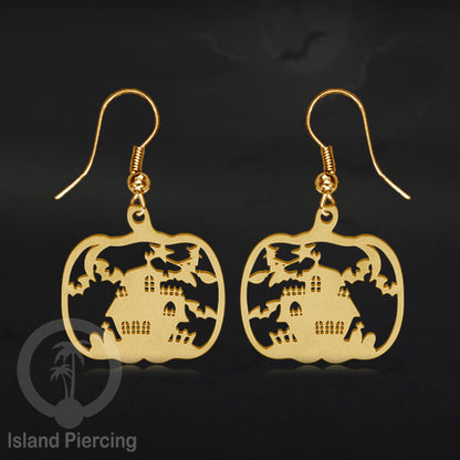Stainless Steel Anting Dangling Hook Earring Halloween warna gold model Tengkorak, Hantu, Sihir, Peti
