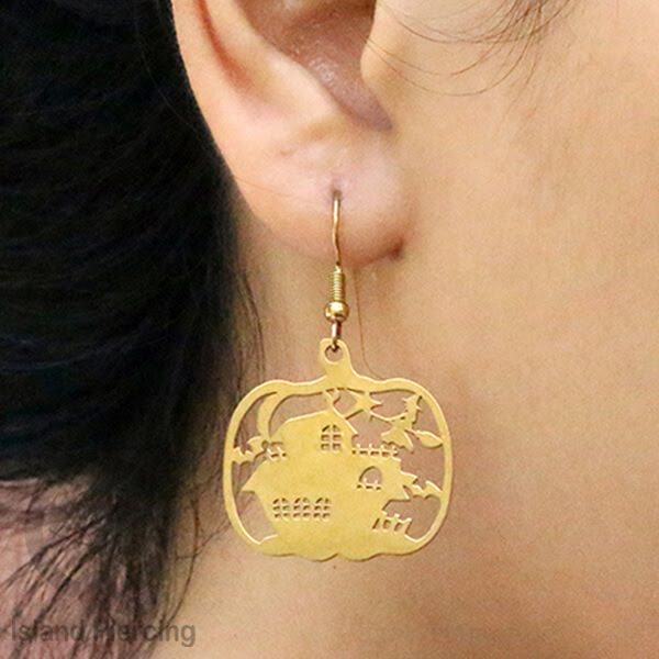 Stainless Steel Anting Dangling Hook Earring Halloween warna gold model Tengkorak, Hantu, Sihir, Peti