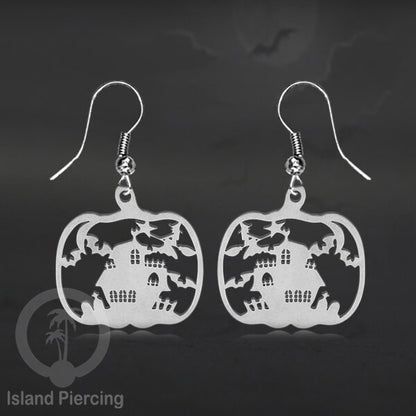 Stainless Steel Anting Dangling Hook Earring Halloween warna silver model Tengkorak, Hantu, Sihir, Peti