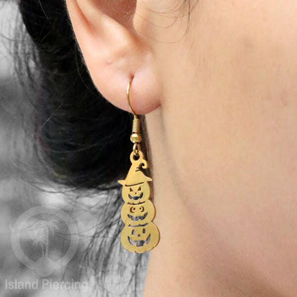 Stainless Steel Anting Dangling Hook Earring Halloween warna gold model Tengkorak, Hantu, Sihir, Peti