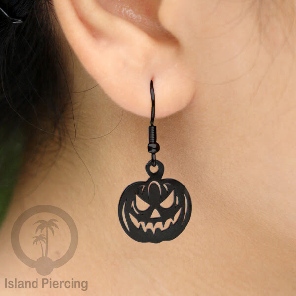 Stainless Steel Anting Dangling Hook Earring Halloween warna hitam model Tengkorak, Hantu, Sihir, Peti