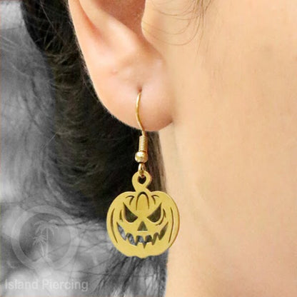 Stainless Steel Anting Dangling Hook Earring Halloween warna gold model Tengkorak, Hantu, Sihir, Peti