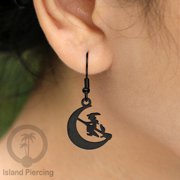 Stainless Steel Anting Dangling Hook Earring Halloween warna hitam model Tengkorak, Hantu, Sihir, Peti