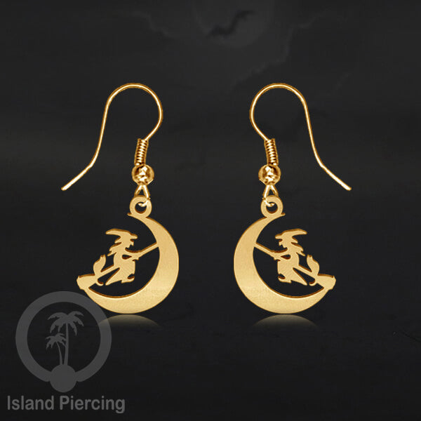 Stainless Steel Anting Dangling Hook Earring Halloween warna gold model Tengkorak, Hantu, Sihir, Peti