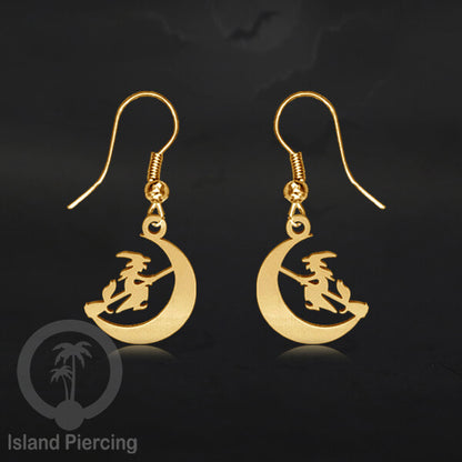 Stainless Steel Anting Dangling Hook Earring Halloween warna gold model Tengkorak, Hantu, Sihir, Peti