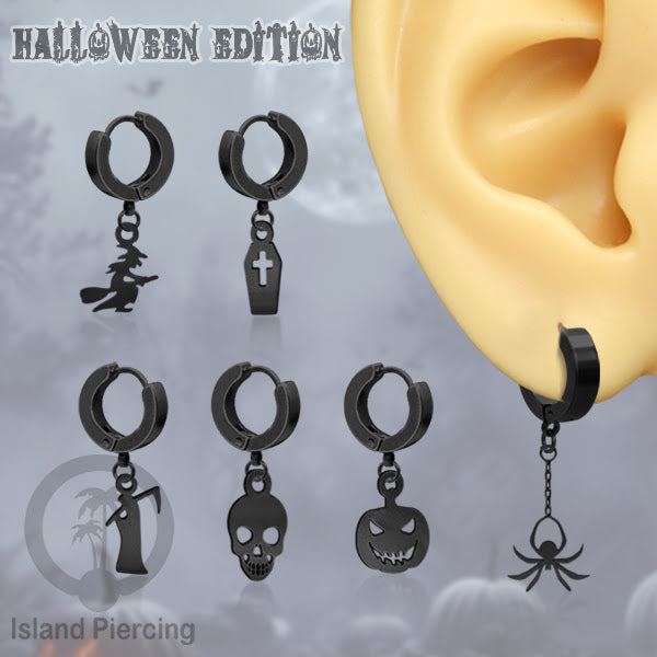 Stainless Steel Anting Cuffs Earring Halloween warna hitam dengan Liontin, Charm, tengkorak, sihir, laba-2