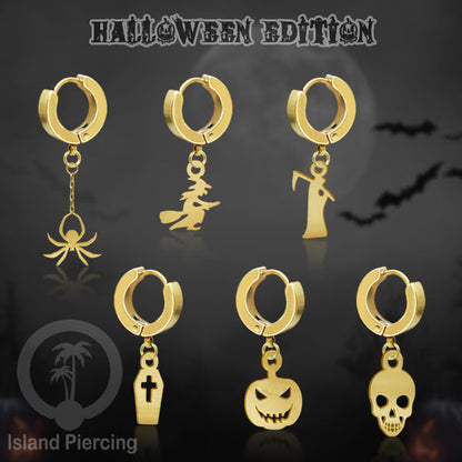 Stainless Steel Anting Cuffs Earring Halloween warna gold dengan Liontin, Charm, tengkorak, sihir, laba-2.