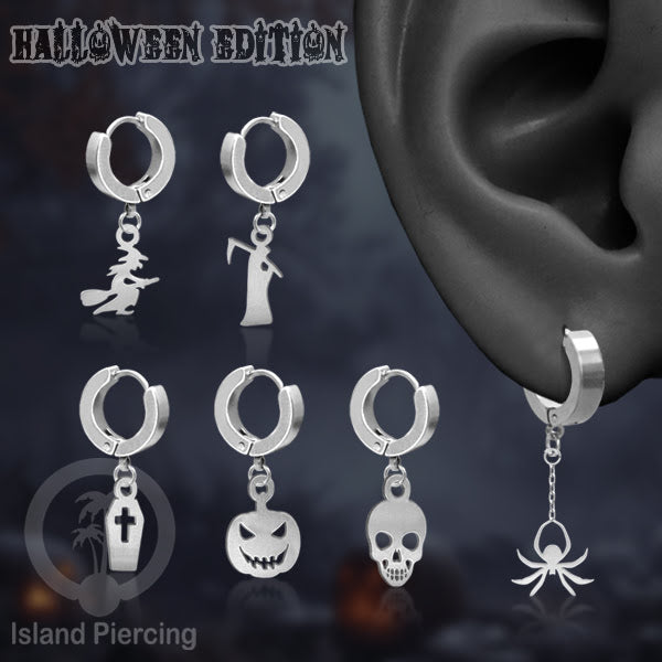 Stainless Steel Anting Cuffs Earring Halloween warna silver dengan Liontin, Charm, tengkorak, sihir, laba-2.